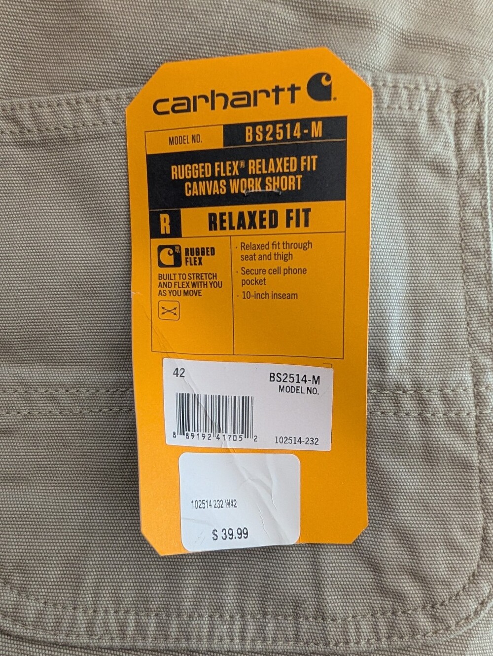 Carhartt Rugged Flex Relaxed Fit Tan Canvas Work Shorts Mens Size 42" NWT - Picture 8 of 8